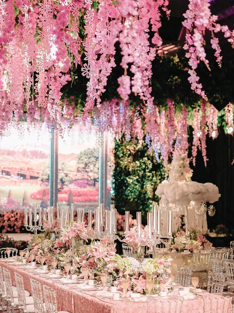 12 Pcs Glicinias Artificiales Flores Colgantes para Decoración de Boda, Arreglo de Bodas, Cumpleaños, Decoración de Jardín,Navidad, Regalo de Navidad, Invierno, Día de Acción de Gracias, Camping, Exterior, Regalo - Rosa Pálido - Añade 7