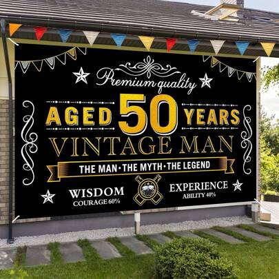 1pc Happy 50th Birthday Banner Decoration For Men, Vintage Black & Gold 50th Birthday Background Sign Party Supplies, 50th Birthday Party Photo Backdrop Poster
