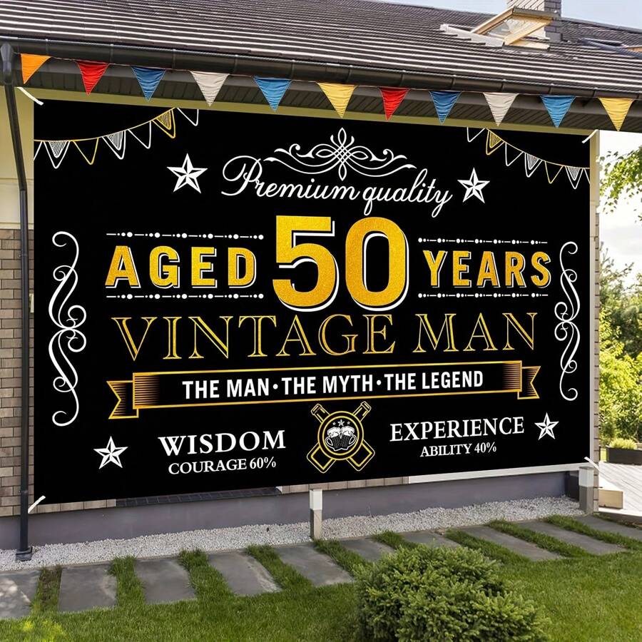 1pc Happy 50th Birthday Banner Decoration For Men, Vintage Black & Gold 50th Birthday Background Sign Party Supplies, 50th Birthday Party Photo Backdrop Poster