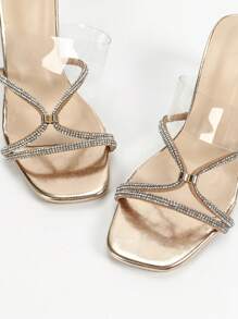 Sandalias de tacón grueso con cristales, zapatos de punta abierta con tira de rhinestone clásica, glamorosos, versátiles para la noche club, de color champán para el Día de San Valentín