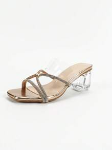 Sandalias de tacón grueso con cristales, zapatos de punta abierta con tira de rhinestone clásica, glamorosos, versátiles para la noche club, de color champán para el Día de San Valentín