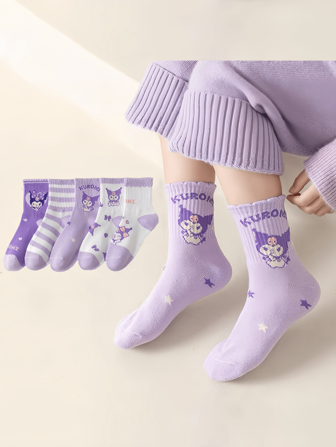  10pcs/7pcs/5pcs/3pcs Sanrio Hello Kitty, Kuromi, Melody Cartoon Anime Pattern Children's Mid-Calf Socks, Breathable, Odor-Resistant, Moisture-Wicking Sports Socks Suitable For Ages 1-20, Spring And Summer