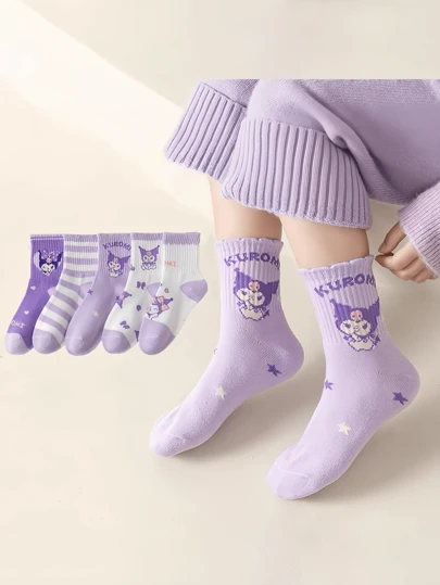  10pcs/7pcs/5pcs/3pcs Assorted Sanrio Hello Kitty, Kuromi, Melody Cartoon Anime Pattern Children Mid-Calf Socks, Breathable, Odor-Resistant, Moisture-Wicking Sports Socks Suitable For Ages 1-20, Spring And Summer