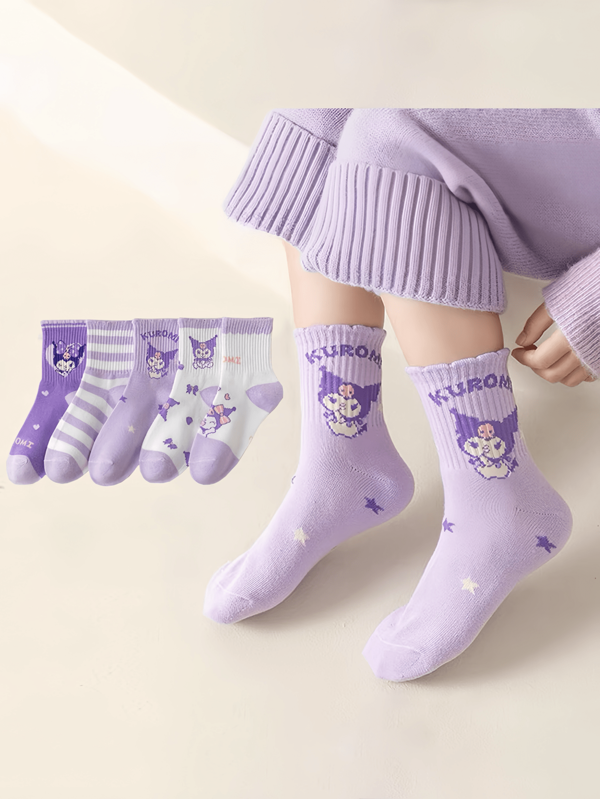  10pcs/7pcs/5pcs/3pcs Assorted Sanrio Hello Kitty, Kuromi, Melody Cartoon Anime Pattern Children Mid-Calf Socks, Breathable, Odor-Resistant, Moisture-Wicking Sports Socks Suitable For Ages 1-20, Spring And Summer