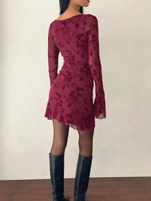 Women's Floral Flocked Panel Splice Elegant Mini Dress - Burgundy - View 4