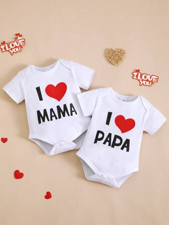 BrownBark 2 st. nyfödda babypojkar och flickor, söta kortärmade bodys i mjuk bomull med grafiskt tryck "I Love Daddy & I Love Mommy", lämpliga för inomhus, utomhus, mors dag/fars dag/alla hjärtans dag