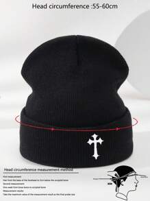 1 chiếc Mũ len đan ấm áp thêu chữ thập co giãn thời trang thường ngày dành cho cả nam và nữ, kiểu dáng đơn giản, phù hợp để phối đồ hàng ngày, trang phục thu đông - Một kích thước phù hợp với tất cả - Xem 4
