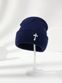 1 chiếc Mũ len đan ấm áp thêu chữ thập co giãn thời trang thường ngày dành cho cả nam và nữ, kiểu dáng đơn giản, phù hợp để phối đồ hàng ngày, trang phục thu đông - Một kích thước phù hợp với tất cả - Xem 7