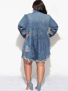 Women's Plus Size Fringe Ripped Denim Jacket Dress Blue - 藍色 - 查看 6