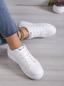 Damen weiße Plateau-Sneaker aus Segeltuch, rutschfest, erhöhte Sohle, Obermaterial Leder, Studentenschuhe - Weiss - Übersicht 3