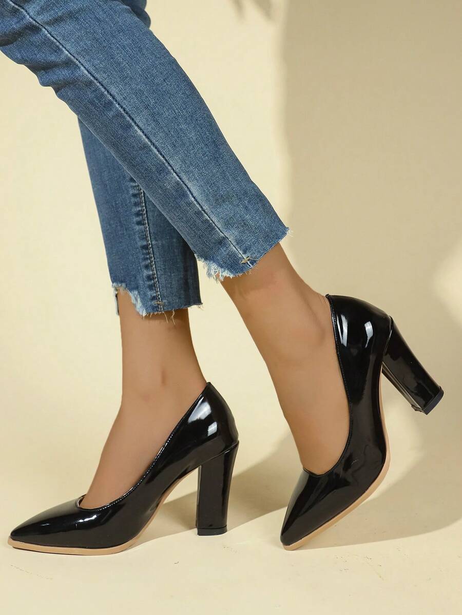 2025 Spring & Autumn New Patent Leather Round Toe Chunky Heel High Heel