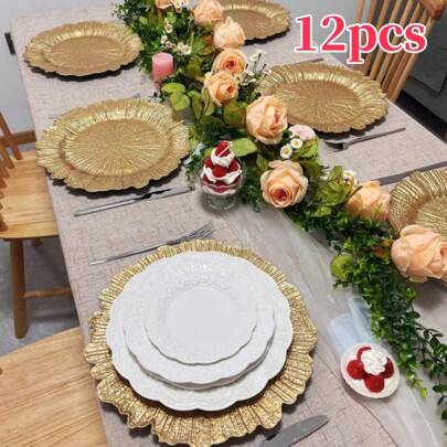 Christmas 12pcs Gold Color Disposable Plastic Plates Set, Luxury Style Dessert, Snack Tray For Wedding, Hotel, Party Decoration, Home, Commercial Use, Birthday, Wedding Reception & Outdoor Event Home Decor Gift For New Year