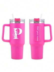 1 pezzo Borraccia personalizzata in acciaio inossidabile da 40 once con stampa di lettere dall'A alla Z, con cannuccia e coperchio, tazza da viaggio portatile per latte e caffè, regalo per vacanze, damigella d'onore, sposa, per famiglia e amici - Fucsia - Visualizzare 24