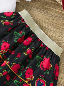 H HIBOBI 两件套女童开斋节套装 - 泡泡袖T恤，饰有金色口罩和花卉印花；黑色玫瑰花层叠荷叶边半身裙，饰有金色滚边；亮面弹力腰带；适合4-7岁女孩 - 黑色 - 查看 9