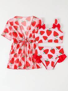 3pcs/Set Young Girl' Strawberry Printed Swimwear & Sports Outfits, Spring/Summer - Red - View 2
