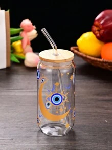 1 pieza Vaso de vidrio con pajita con estampado gráfico de ojo creativo y ojo azul, botella de agua portátil con tapa y pajita de bambú, apropiada para café con hielo, cerveza, jugo, bebidas, leche, regalo de cumpleaños, regalo de Navidad, regalo del Día de la Madre, regalo del Día de San Valentín