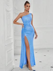 ADYCE One Shoulder Sequined High Slit Waisted Ruched Long Ribbon Prom Cocktail Party Long Ball Dress - Baby Blue - View 5