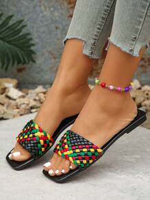 Women's Flat Slip-On Sandals, Open Toe, Casual, Outdoor Wear, Summer New Korean Style Square Toe Black Beach Slides