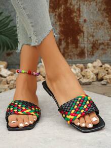 Women's Flat Slip-On Sandals, Open Toe, Casual, Outdoor Wear, Summer New Korean Style Square Toe Black Beach Slides