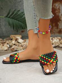Women's Flat Slip-On Sandals, Open Toe, Casual, Outdoor Wear, Summer New Korean Style Square Toe Black Beach Slides