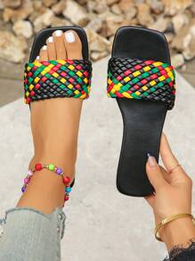 Women's Flat Slip-On Sandals, Open Toe, Casual, Outdoor Wear, Summer New Korean Style Square Toe Black Beach Slides