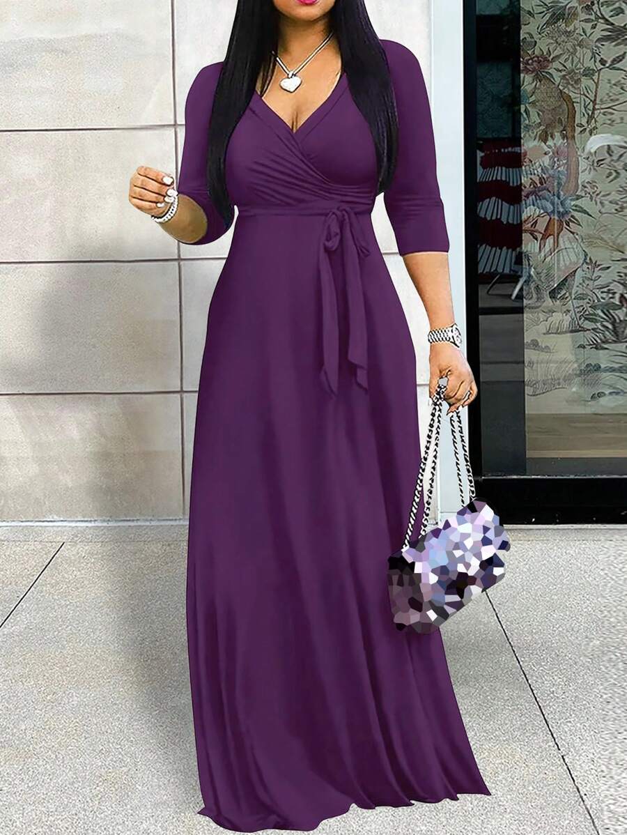 Women's V-Neck Cinched Waist Extra Long Sleeve Dress, Spring/Summer