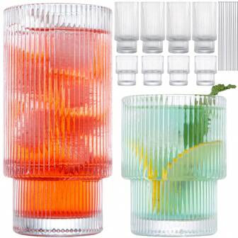 Vasos, Estilo Origami 8 Piezas Vasos de Vidrio con Pajita, 4 Piezas Vasos Altos de 11oz, 4 Piezas Vasos de Rocas de 6oz, Elegante Cristalería Vintage con Ondas, Vasos Estriados, Vasos para Café Helado, Ideales para Cócteles, Whisky, Jugo