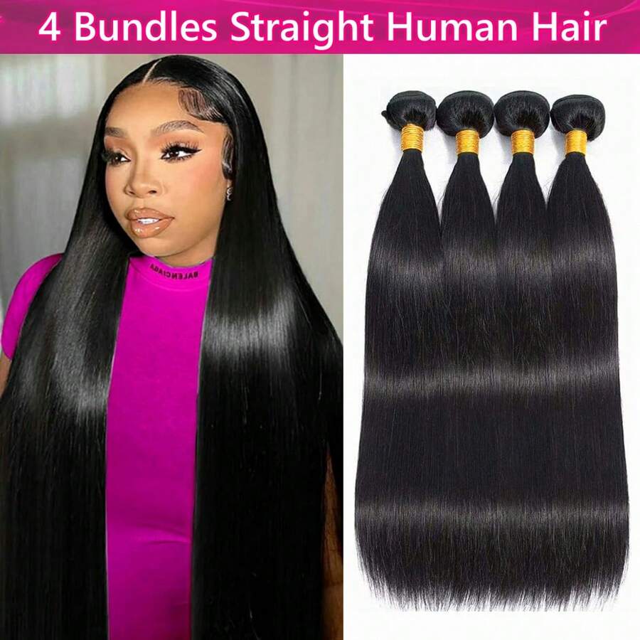 4 Bundles Human Hair Straight Unprocessed Virgin Brazilian Remy Hair Bundles Straight Weave Human Hair Raw Hair Bundles Natural Color For Women