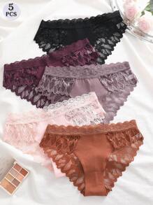 5 pièces/Paquet Culottes triangulaires sans couture en dentelle de couleur unie, sous-vêtements sexy et romantiques pour dames
