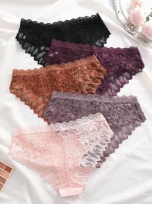 5 pièces/Paquet Culottes triangulaires sans couture en dentelle de couleur unie, sous-vêtements sexy et romantiques pour dames