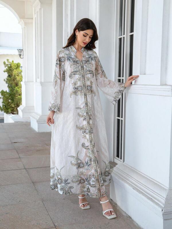 V-Neck Dress, Regular Fit, All-Over Print, Jacquard Craftsmanship, Regular Sleeves, Glittering Rhinestone Embellishments, Luxurious And Elegant Arabic Women's Jalabiya Abaya Dress,Modest