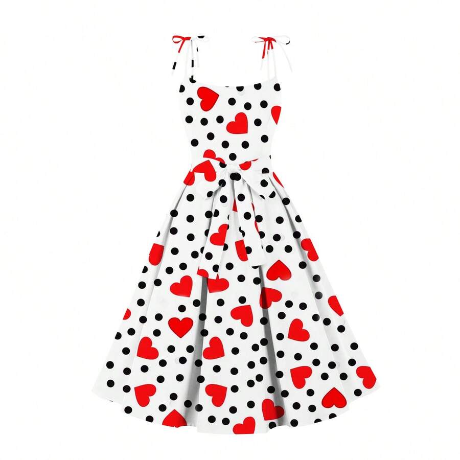 女士新款心形情人节圆点及膝连衣裙 - 彩色 - 查看 1