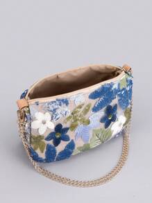 亮片刺绣链条单肩包，经典设计刺绣花卉半圆形斜挎包，女士时尚撞色亮片拼接拉链晚宴包。首选包型，多用途包，可斜挎，链条对折后可单肩。（图案位置随机剪裁）