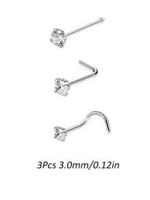 3Pcs 20G 316L Stainless Steel Zirconia Nose Piercing Stud For Women Men, L Shape Nose Ring Nose Screw Nose Piercing Jewelry