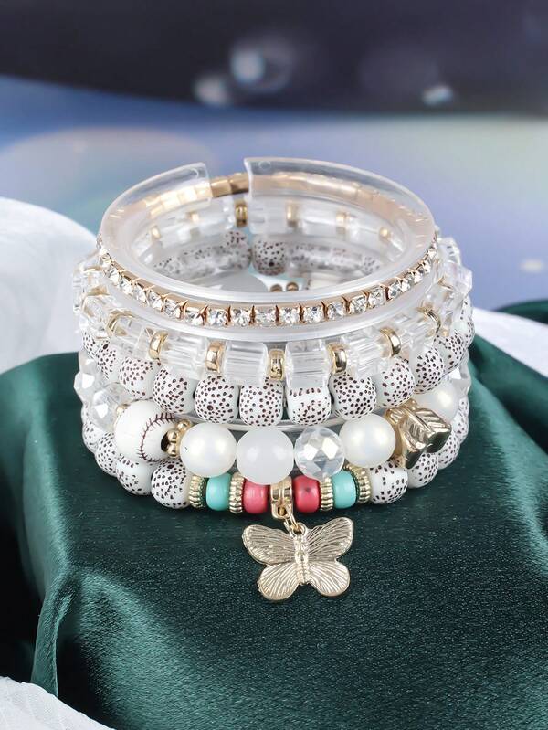 5 Stücke Boho-Stil elegante mehrschichtige Perlen-Elastikarmband mit Schmetterling Anhänger, geeignet für Herren, Damen, Paare, Alltag, Party, Urlaub, ideales Geschenk zu Valentinstag, Jahrestag, Weihnachten, Feiertagen