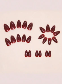24 pièces de faux ongles en forme d'amande de couleur rouge vin + 1 pièce lime à ongles + 1 pièce partie de vernis gel. Ongles à clipser