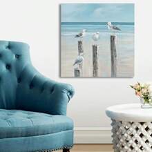 Coastal Seagull Wrapped Canvas Decor- Seabird Canvas Beach Wall Art, Lake And Sea Ocean Themed Artwork For Bedroom Bathroom Art 12x12inch(Framed Wrapped Canvas)