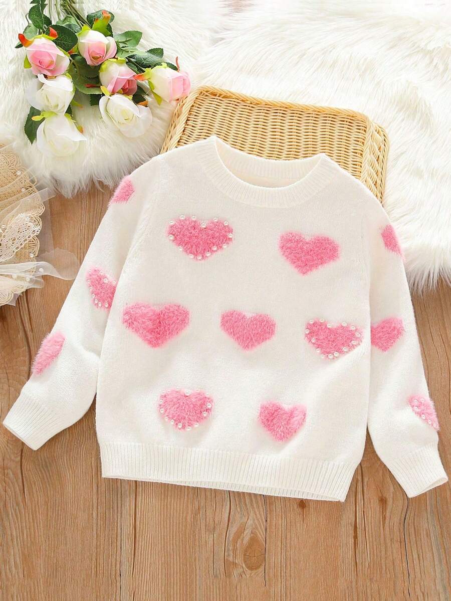 Girls Sweater Knit Cardigan, Elegant Sweet Heart Beaded Knitted Top, Long Sleeve Pullover, Warm Base Layer For Autumn/Winter - White - View 1
