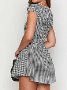 Womens V Neck Frill Shirred Romper Short Sleeve Wide Leg Flowy Playsuit Short Jumpsuit With Pockets - màu đen - Xem 2