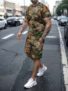 Men's Fashion Dry Leaf 3D Print Summer Set (2 Pieces) - Short Sleeve Round Neck T-Shirt And Drawstring Shorts With Practical Pockets, Creating A Refreshing And Comfortable Look - Multicolor - View 1