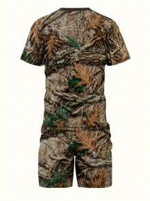 Men's Fashion Dry Leaf 3D Print Summer Set (2 Pieces) - Short Sleeve Round Neck T-Shirt And Drawstring Shorts With Practical Pockets, Creating A Refreshing And Comfortable Look - Multicolor - View 2