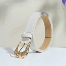 High-End Fashion Elegant Gold Zinc Alloy Horseshoe Buckle With Solid Color PU Leather Belt, Paisley Pattern Bohemian Casual Spring/Summer, Versatile Outfit