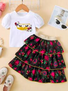 H HIBOBI 两件套女童开斋节套装 - 泡泡袖T恤，饰有金色口罩和花卉印花；黑色玫瑰花层叠荷叶边半身裙，饰有金色滚边；亮面弹力腰带；适合4-7岁女孩 - 黑色 - 查看 4