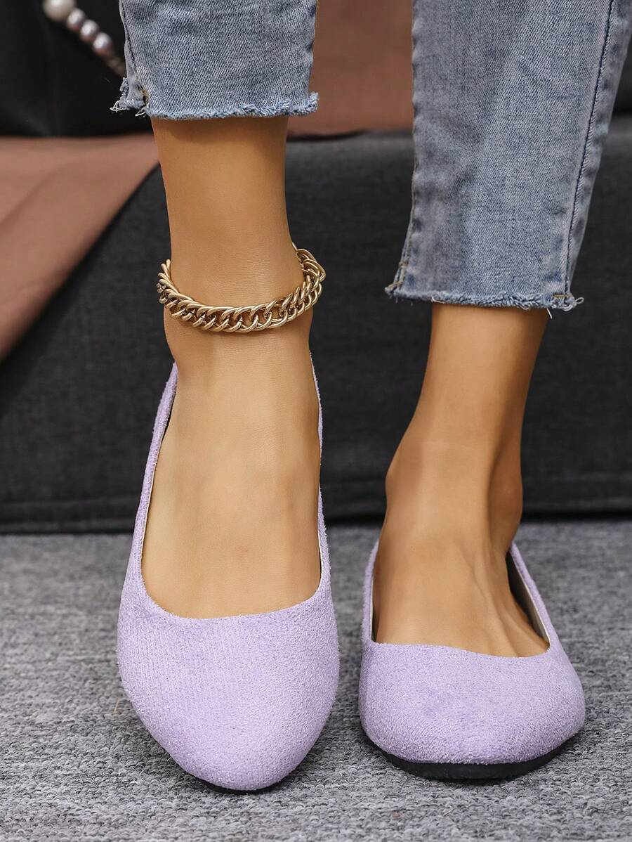 Women's Suede Flat Shoes, Plain Color Pointed Toe Low Heel Slip-On Casual Loafers, Candy Color Round Toe Cloth Shoes