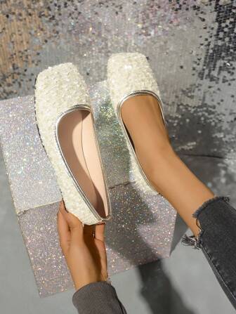 Women's Sequined Comfort Square Toe Slip-On Flat Shoes