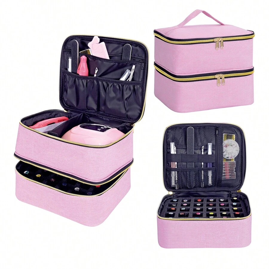 Nail Polish Storage Bag Handheld Double-Layer Makeup Storage Tote For Girls And Women Manicure, Essential Oils, Makeup Sets Daily Travel Use Makeup Bag Storage Cosmetics Storage Box Makeup Box - Pink - View 1