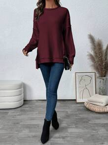 Women's Long Sleeve Shirt, Autumn Ribbed Loose Oversized Sweatshirt, Casual Side Slit Drawstring Waist Top - Wine Red - View 4