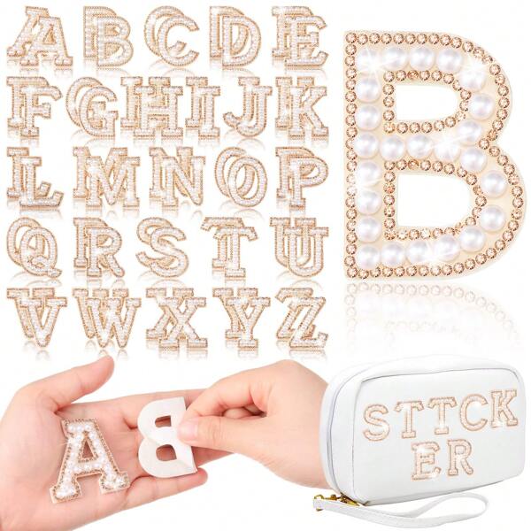 26 Pcs Self Adhesive Pearl Rhinestone Letter Patches A-Z Bling Rhinestone Letter Stickers Glitter Rhinestone Alphabet Appliques Initial Letter Sticker For DIY Clothes Bags Hats Phone Backpacks