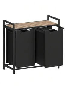 VASAGLE Laundry Basket, 2-Compartment Laundry Hamper, Pull-Out And Removable Laundry Bags, Laundry Sorter, Shelf, Metal Frame, 2 X 46L, 73 X 33 X 72 Cm, Black - Black - View 9