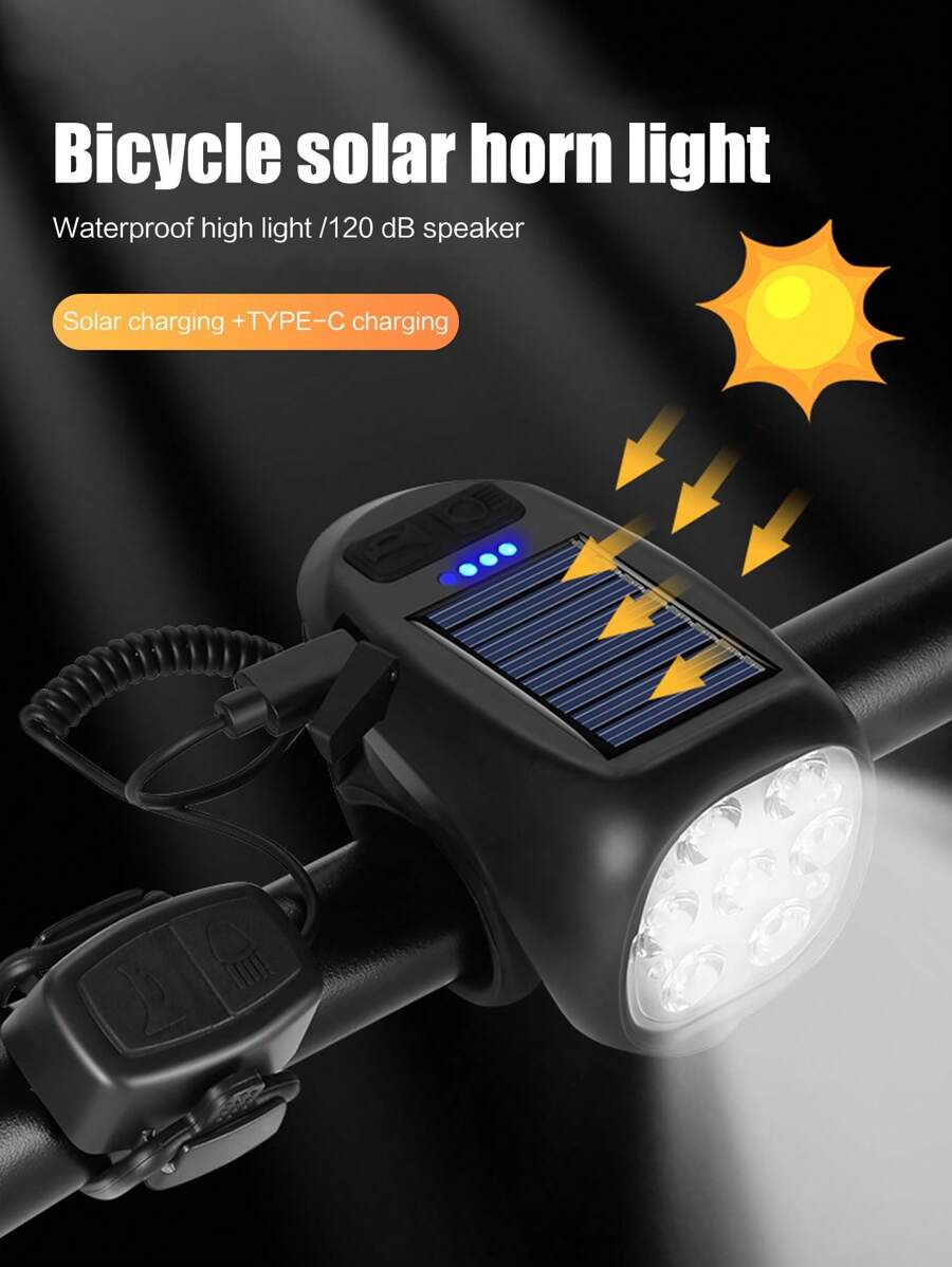 1pc Solar Powered Bicycle Front Light, Rechargeable Night Riding Mountain Bike Flashlight Accessories - Black - View 1